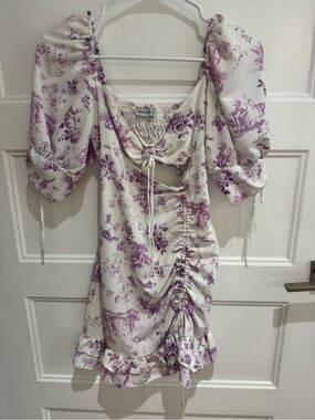 Strangers&Lovers Purple Toile Ruched Puff Sleeve Mini Dress